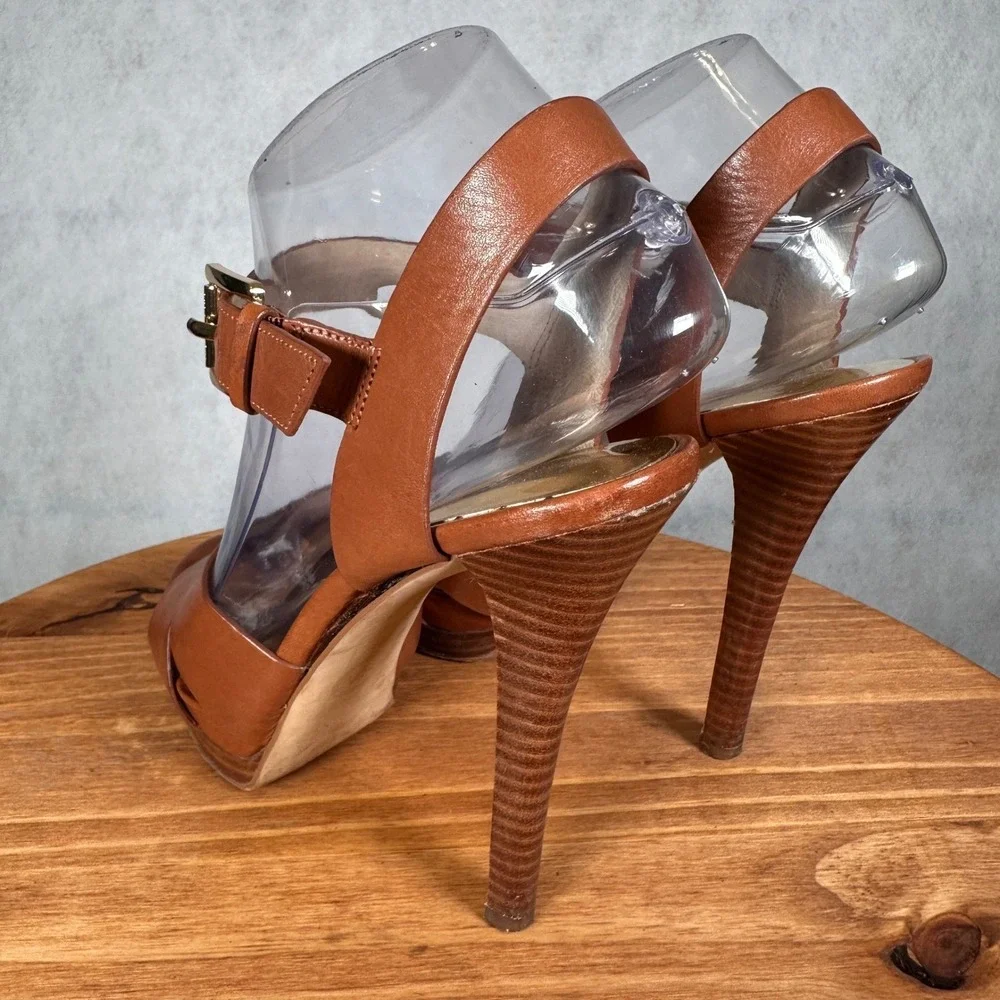 Michael Kors Platform Sandals Womens 8M Brown Good Leather Ankle Strap ST15A